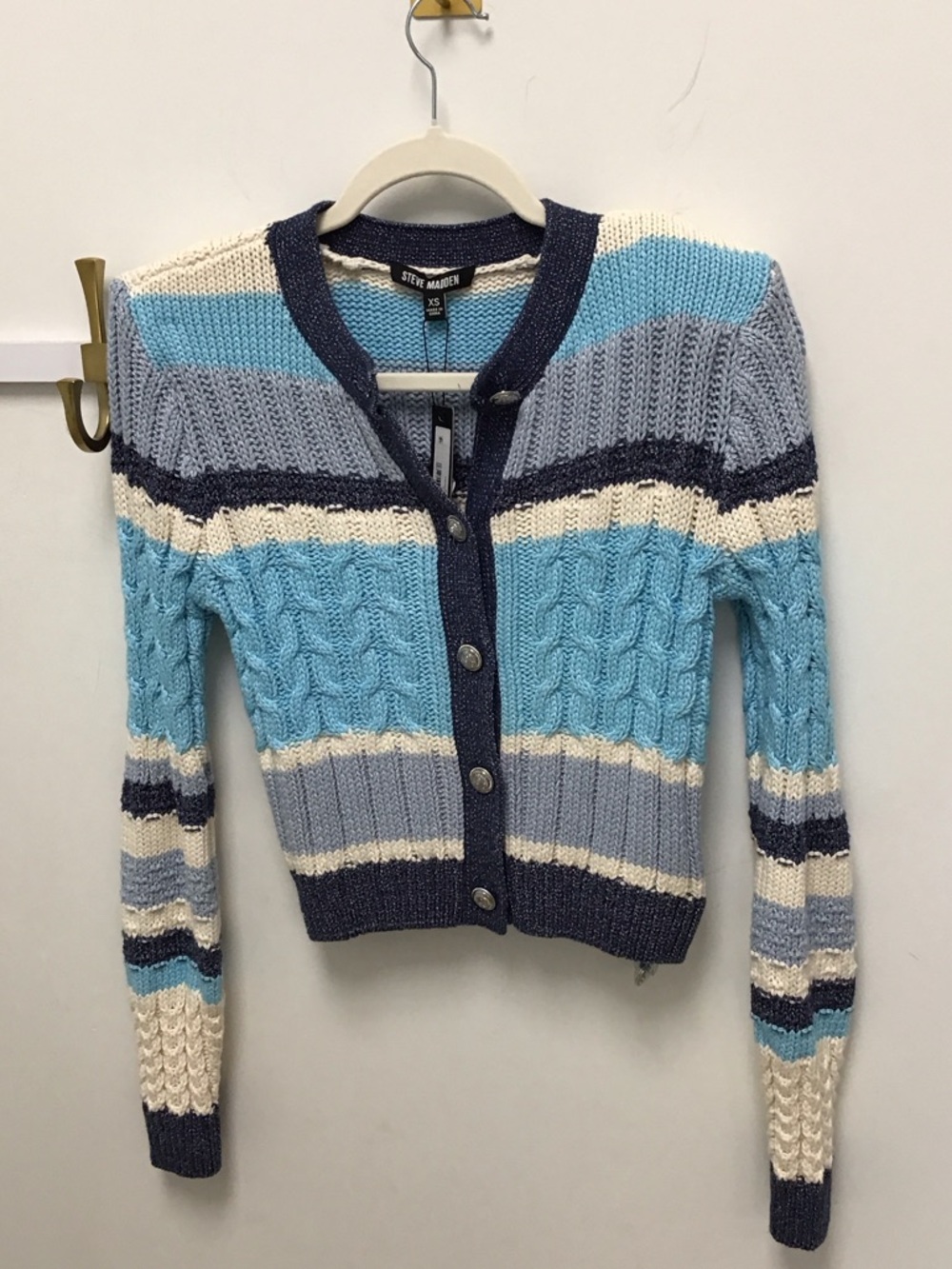 Steve Madden Sky & Navy Striped Cable Knit Eviee sweater Cardigan